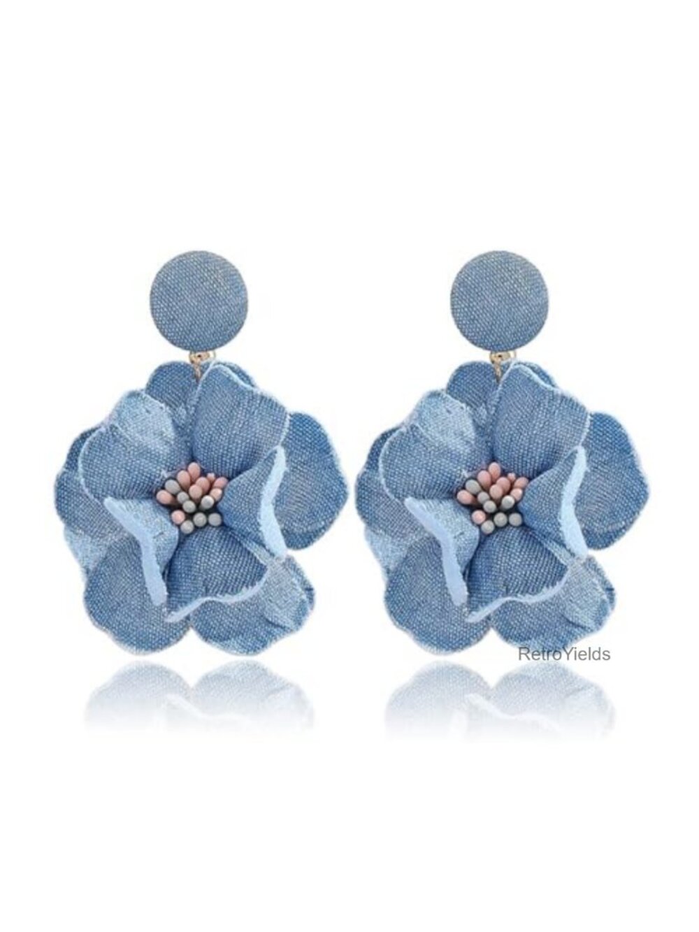 Boho Denim Camellia Flower Dangle Earrings for Women, Layered Tiered Blossom